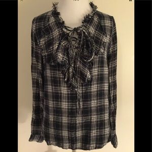 Jane and Delancey lace up front plaid shirt ruffle